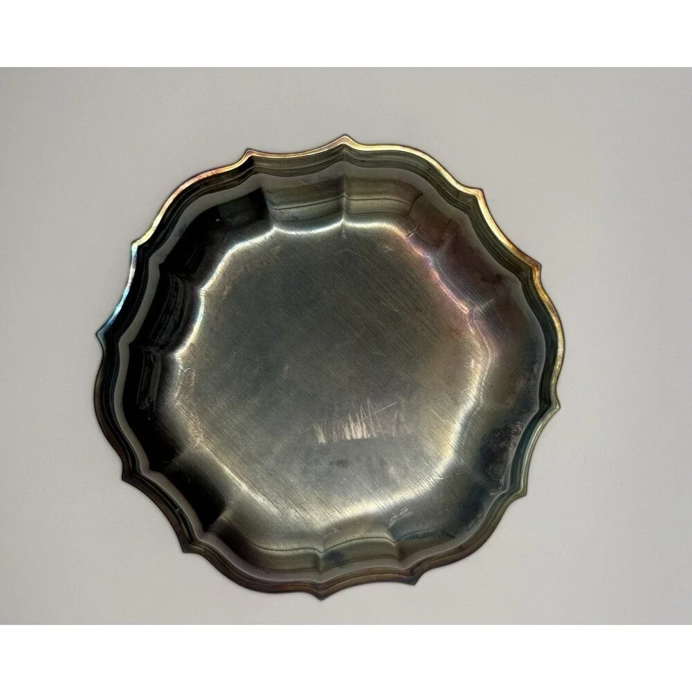 Vintage Oneida Silver Plated Scalloped Candy Dish Heavy Rainbow Tarnish Patina